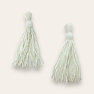 Beaded Statement Studded Back Dangling Tassel Fringe Fashion Earrings White